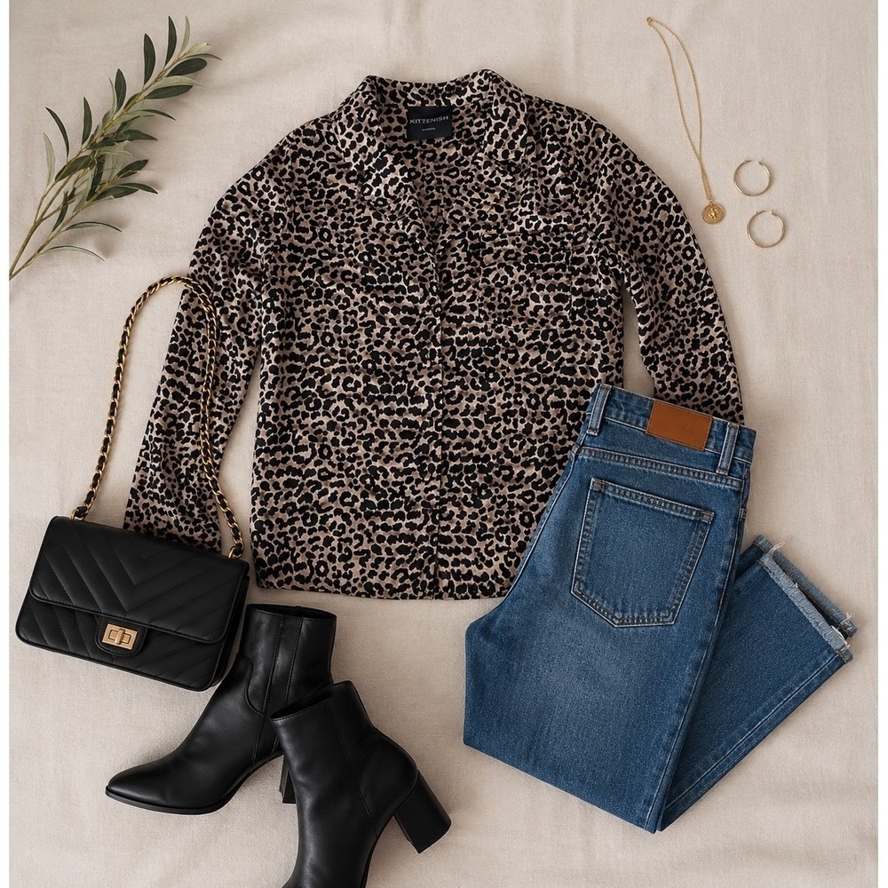 Kittenish Women's Leopard Print Button Down Shirt Long Sleeve Pocket Top Size XS